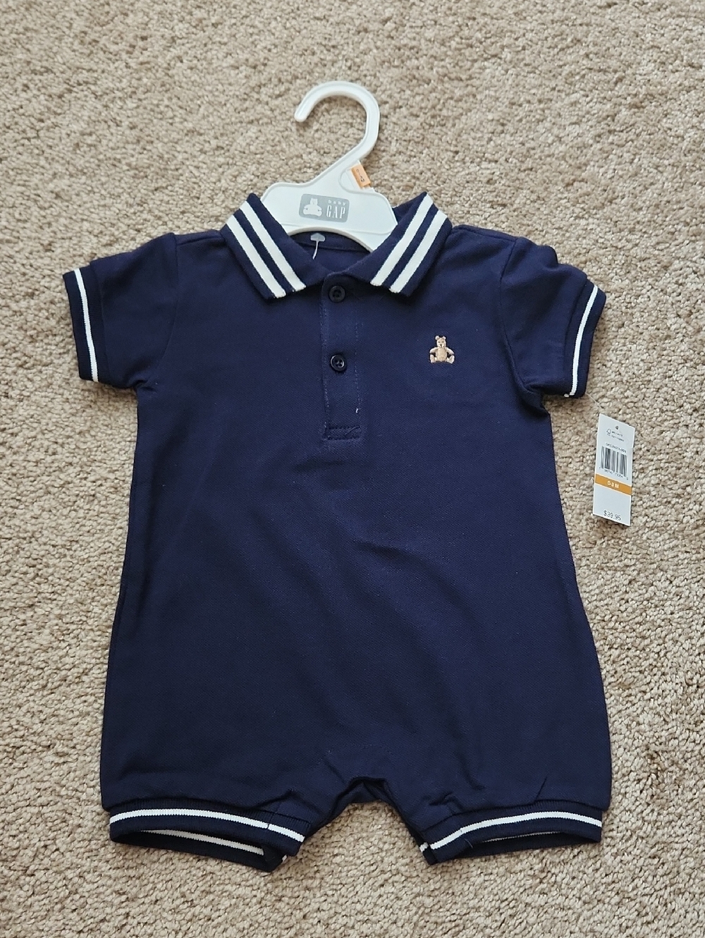 GAP Baby Navy Polo Romper with White Stripes